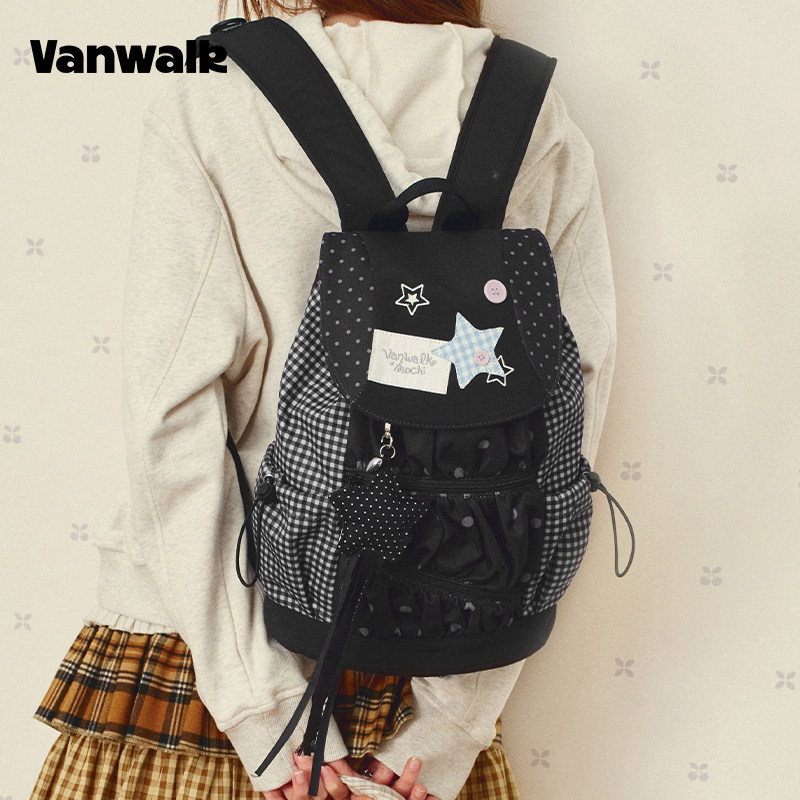 VANWALK/出走翻盖波点条纹双肩包