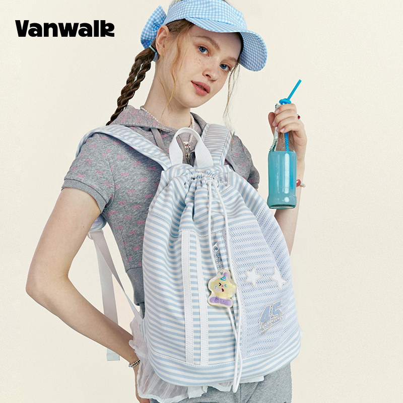 VANWALK Fruit Power新款运动旅行束口袋双肩包女通勤休闲帆布包
