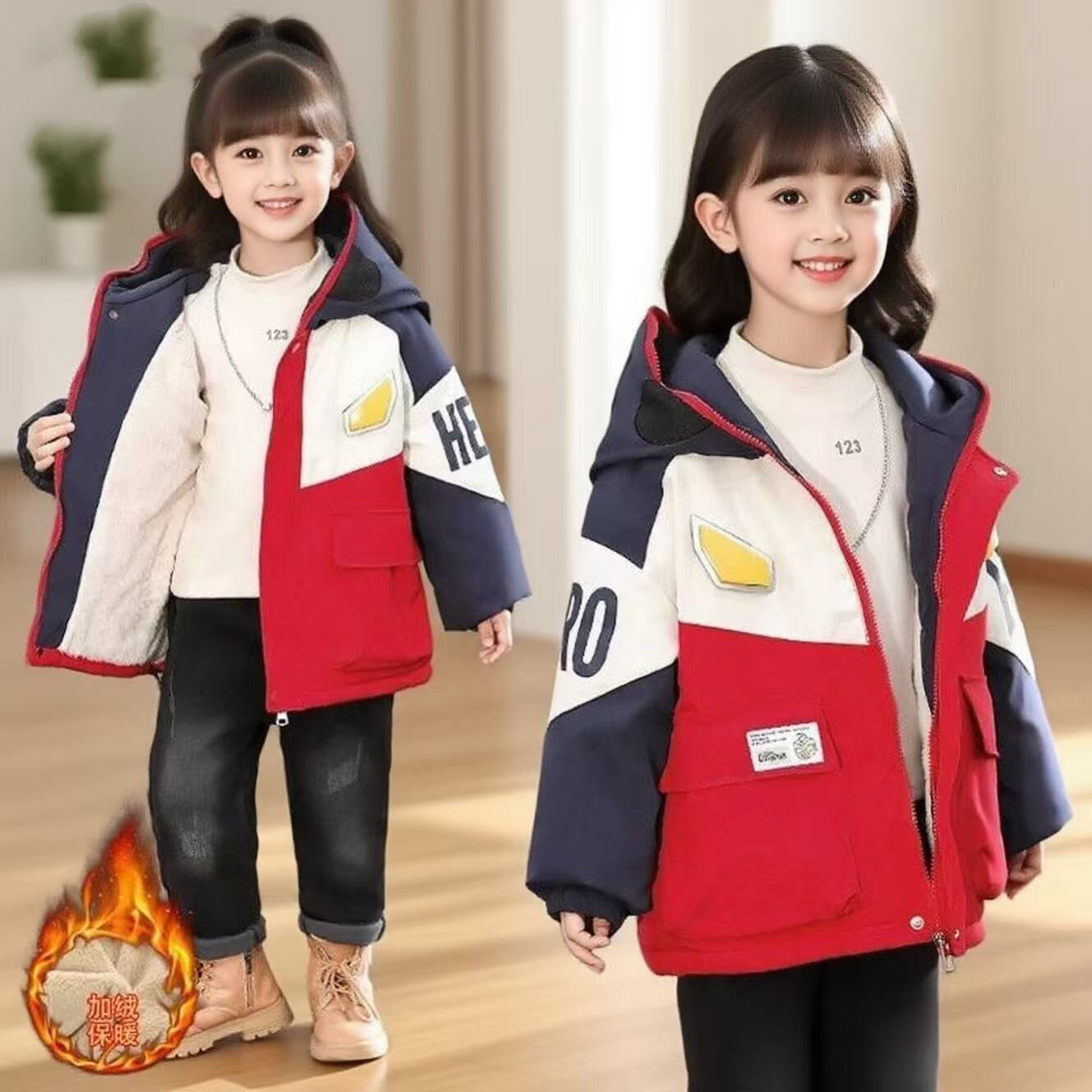 女童秋冬奥特曼衣服加绒加厚外套冬季儿童冲锋衣小女孩冬装棉衣服