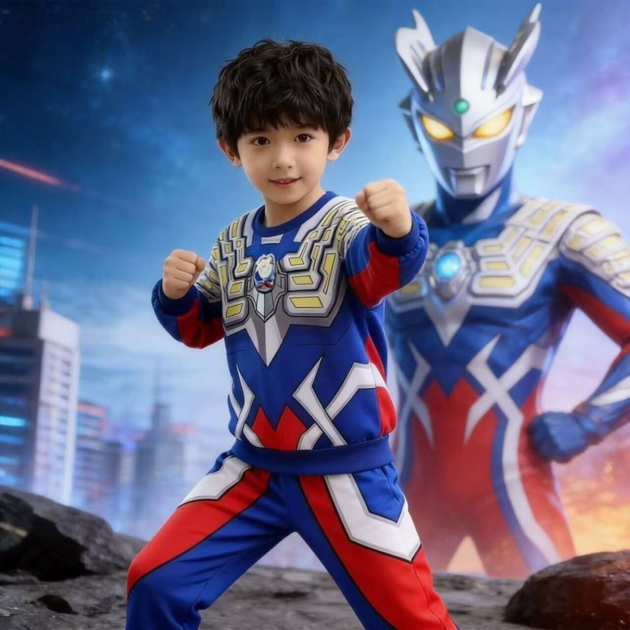 早春卡通奥特曼发光运动中小童洋气衣服2026新款赛罗亮灯卫衣套装