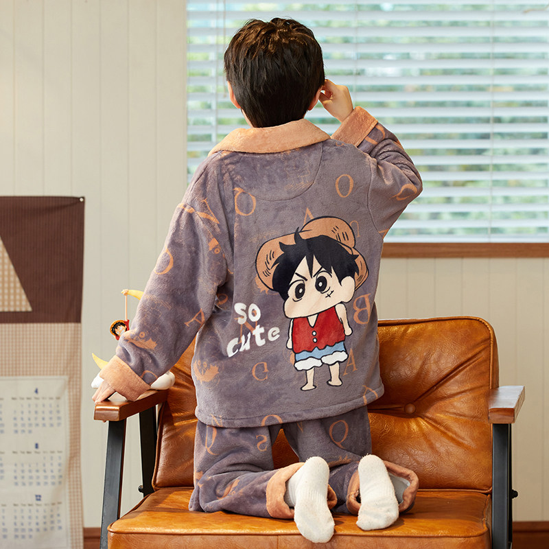 路飞法兰绒睡衣男中大童冬季加厚开衫青少年男孩珊瑚绒家居服套装