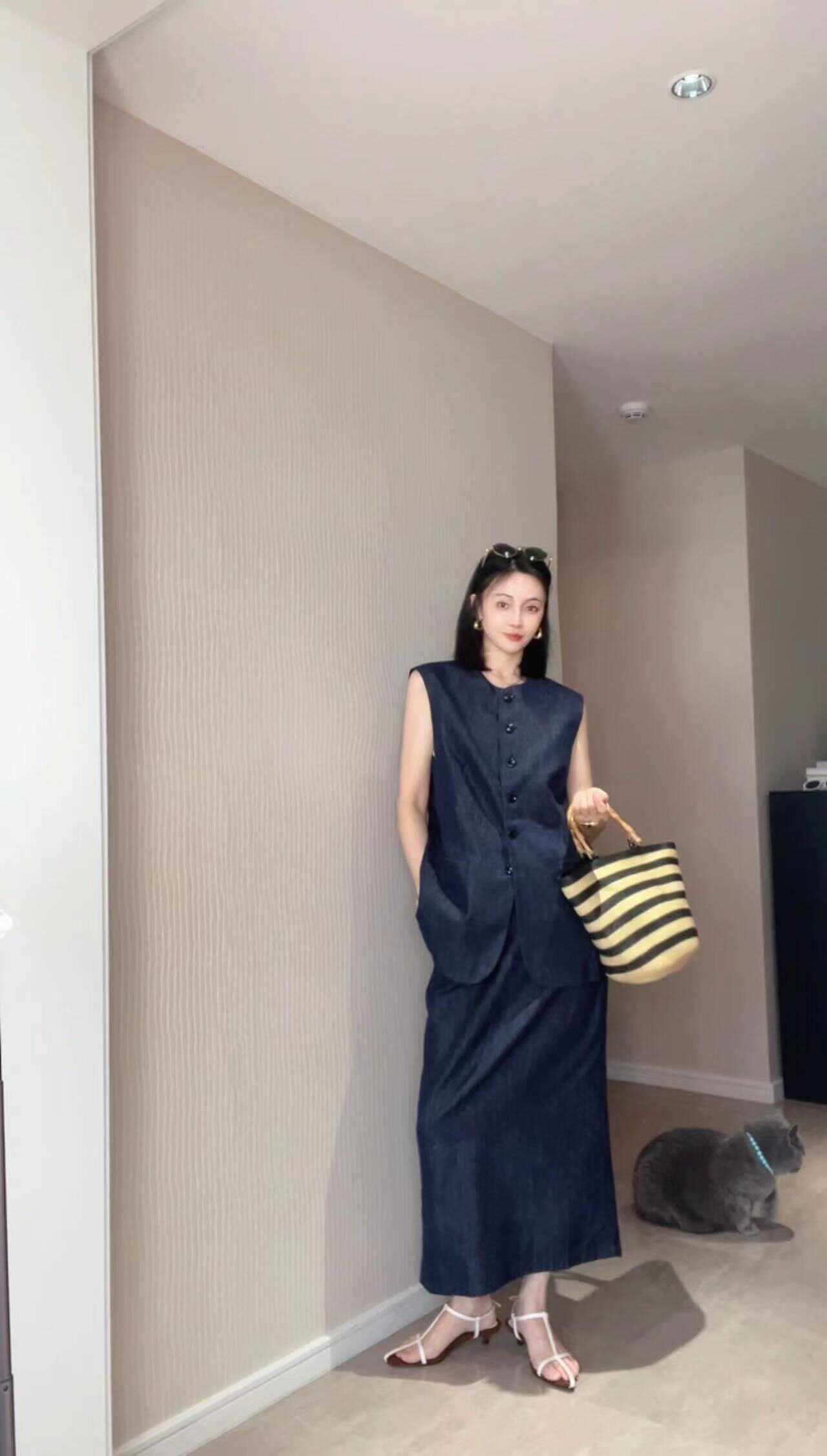 周婷ttc 亚麻牛仔半松紧腰半身裙长裙