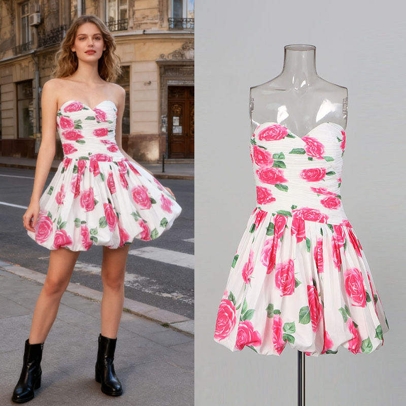 法式复古少女感抹胸短裙2025秋季玫瑰印花蓬蓬裙连衣裙女单件中腰