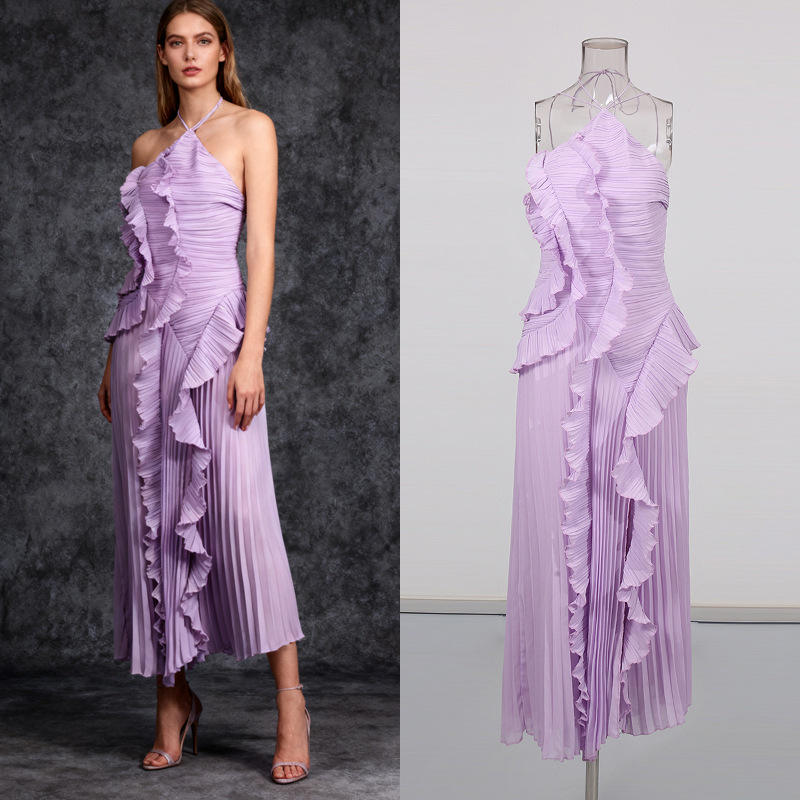 淡紫色挂脖百褶长裙2025秋季纯色荷叶边仙气度假连衣裙女度假风