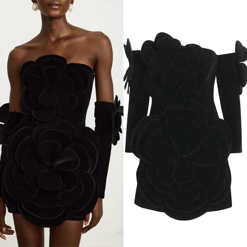 风礼服裙2025性感抹胸立体花朵拼接丝绒连衣裙女2025年冬季高腰