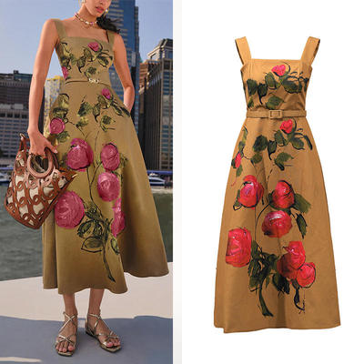 欧美复古风色系花卉印花吊带裙2025腰带A字裙无袖 连衣裙常规袖