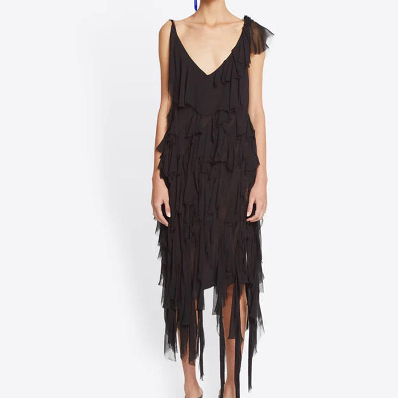 新款 欧款设计女装辣妹装款不规则荷叶边流苏吊带连衣裙时尚中裙