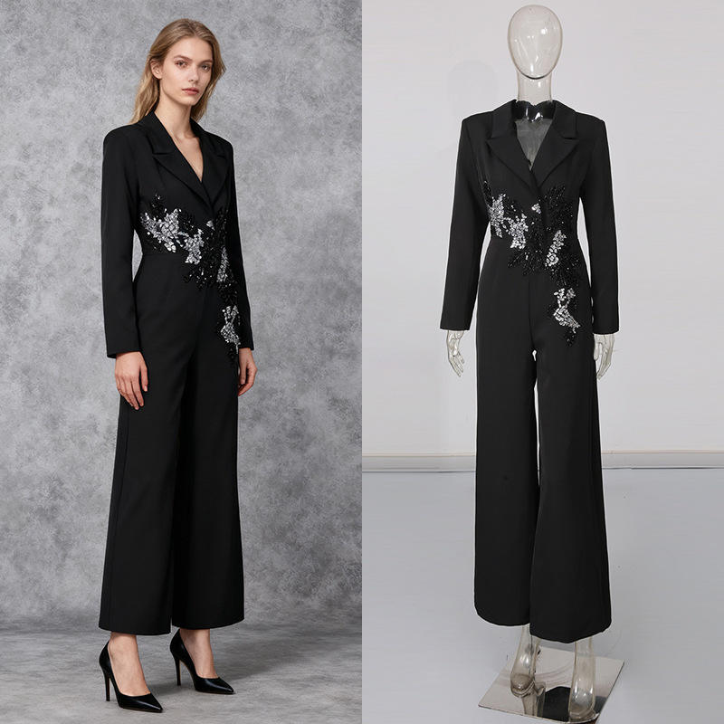 新款黑色西装领亮片刺绣连体裤2025冬季女装阔腿干练长裤轻奢礼服