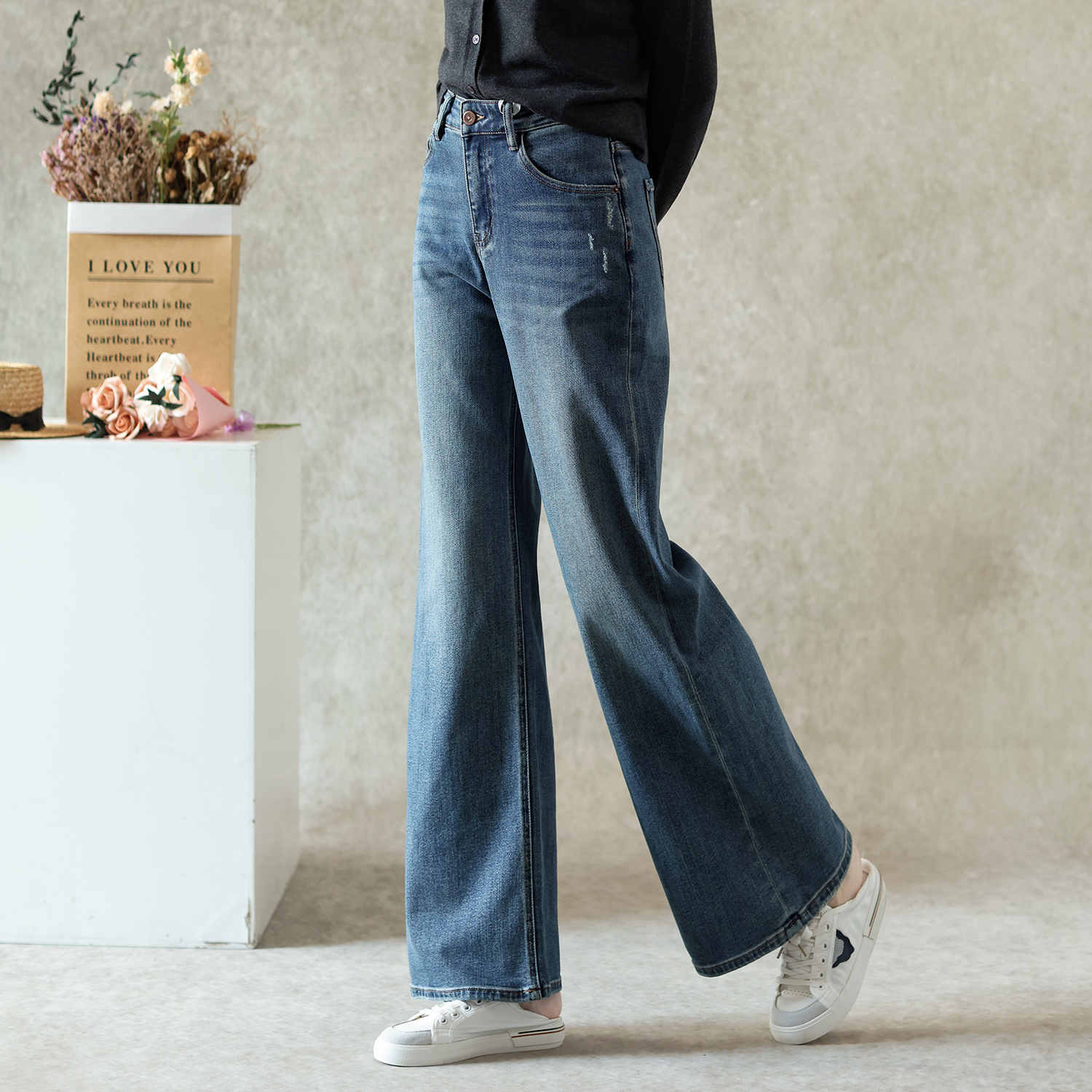 复古水洗纹理高腰显瘦牛仔裤