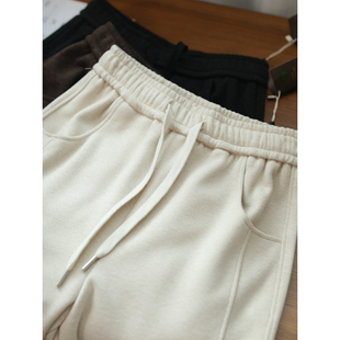 老钱风加绒加厚直筒休闲裤女松紧腰日常抽绳冬季保暖高腰直筒长裤