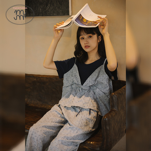 宅家俱乐部设计师潮流蓝色波点棉布短袖长袖套装睡衣家居服睡裙女