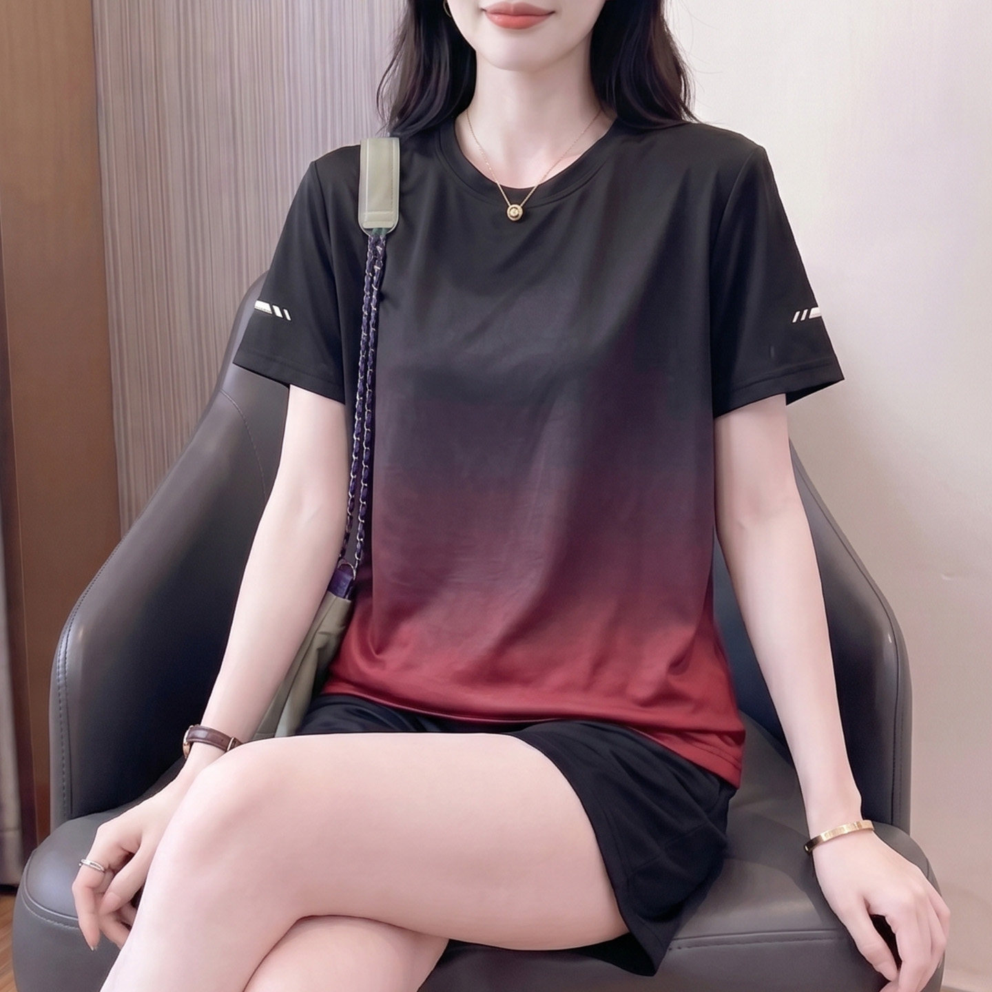 夏季新款速干渐变色运动女士T恤显瘦百搭休闲时尚潮流上衣体恤