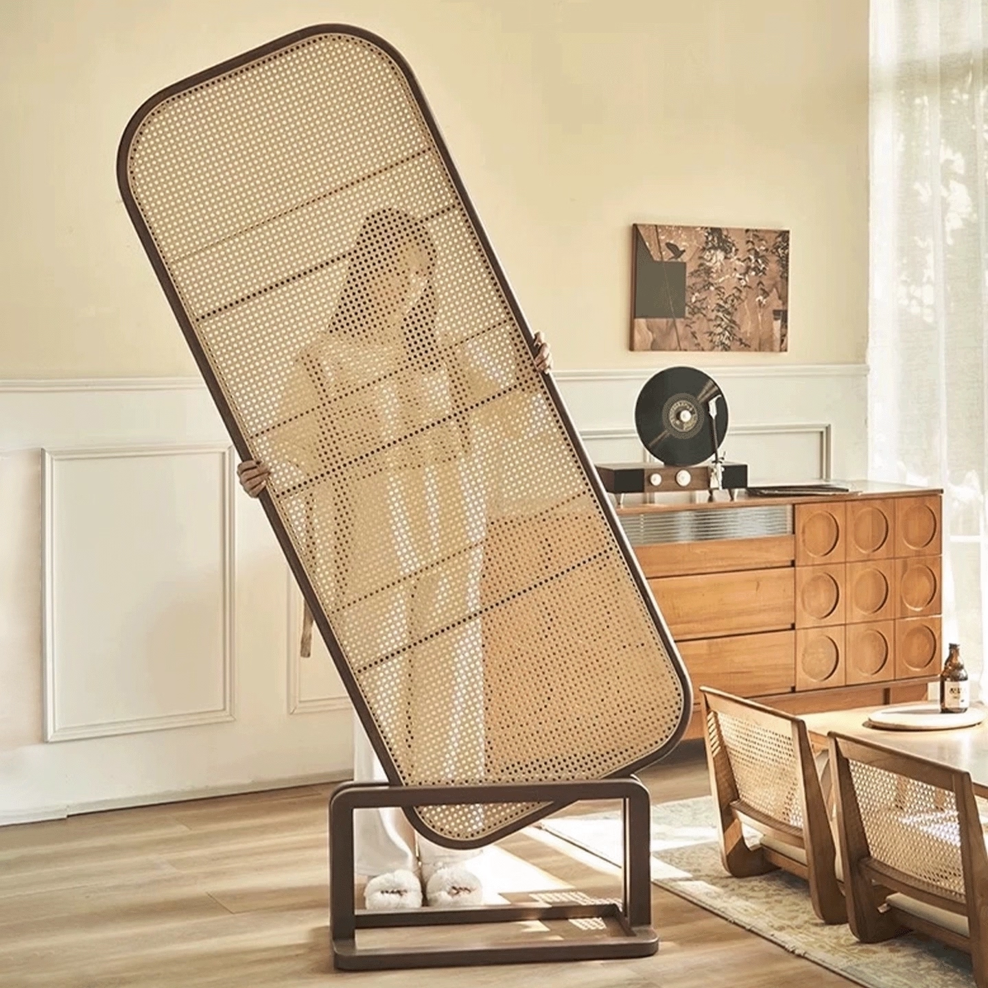 玄关入户遮挡丨藤编屏风置物架