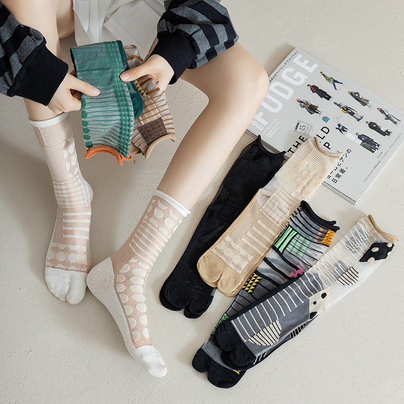 二趾玻璃丝袜子女ins潮夏薄款透明水晶丝中筒袜不对称AB款分趾袜