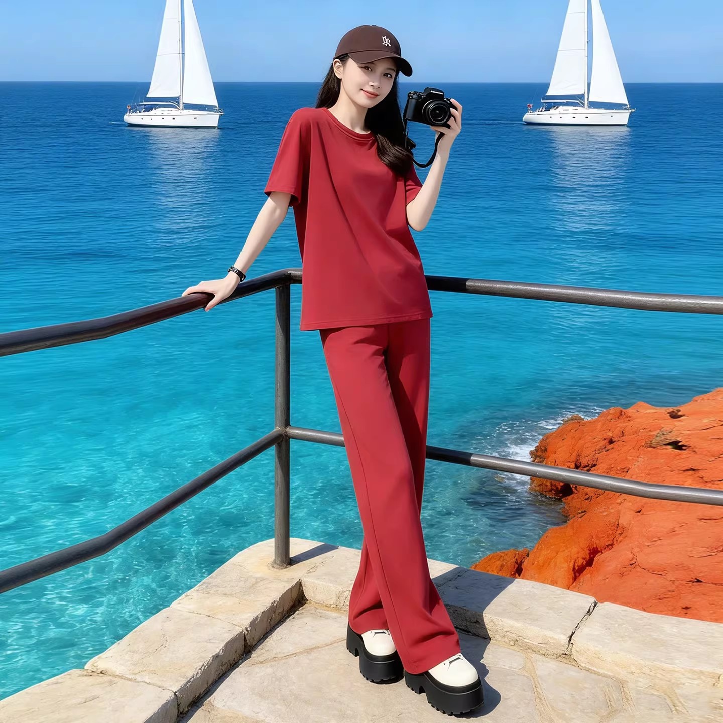潮流运动套装女夏季宽松洋气显瘦百搭枣红短袖休闲长裤薄款两件套