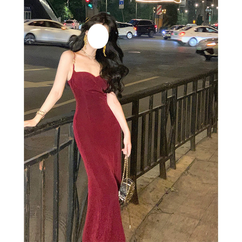 气质名媛宴会晚礼服红色吊带醋酸针织连衣裙女法式开叉长裙子有