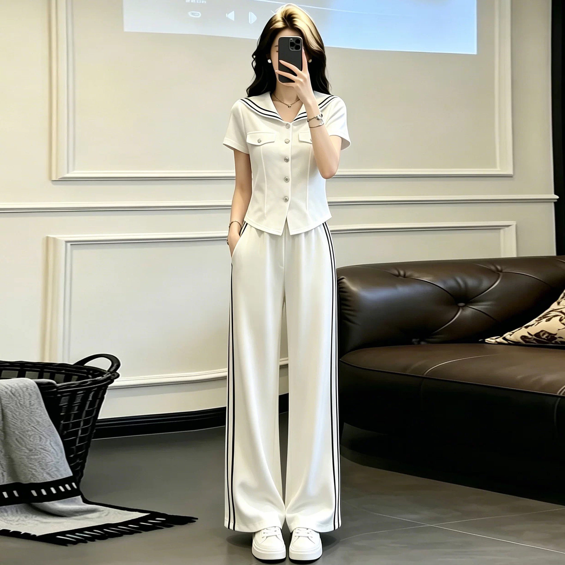 2026新款爆款高级感时尚套装女夏减龄海军领短袖上衣阔腿裤两件套