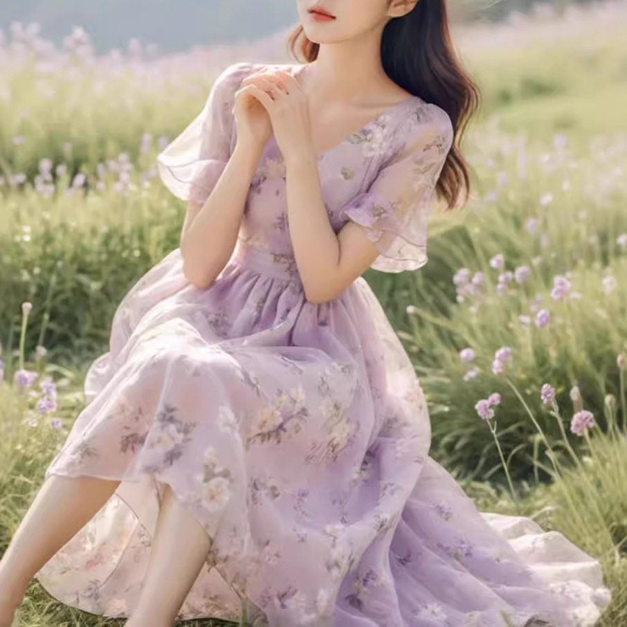优雅甜美清纯紫色碎花连衣裙别致漂亮雪纺连衣裙女夏季收腰显瘦