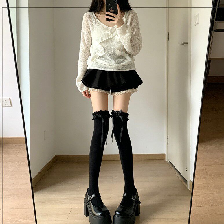 lolita夏季蕾丝飘带花边蝴蝶结高筒过膝可爱袜子长筒大腿长筒袜