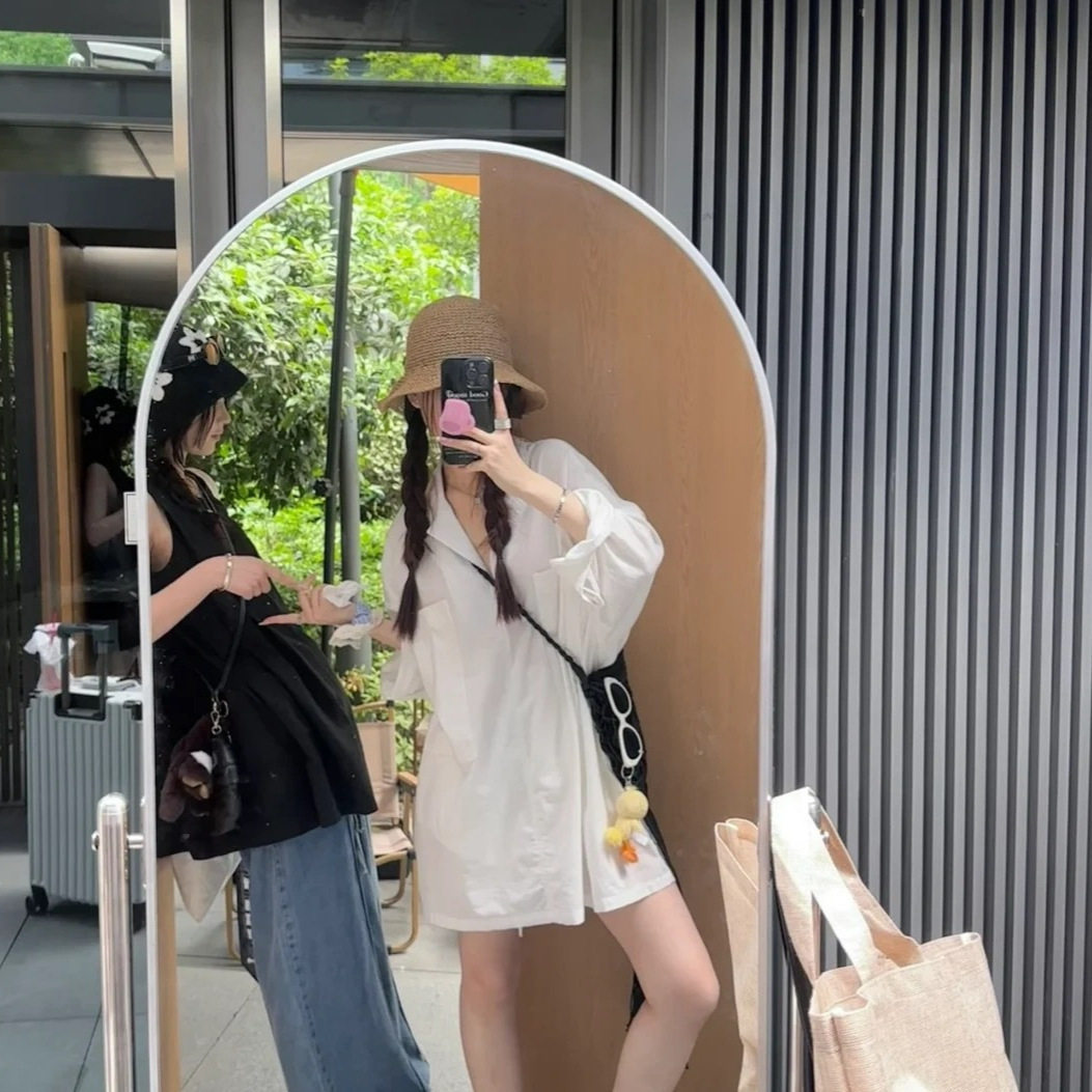 夏季新款洗水亚麻宽松衬衫连衣裙时髦小众设计款式防晒衫