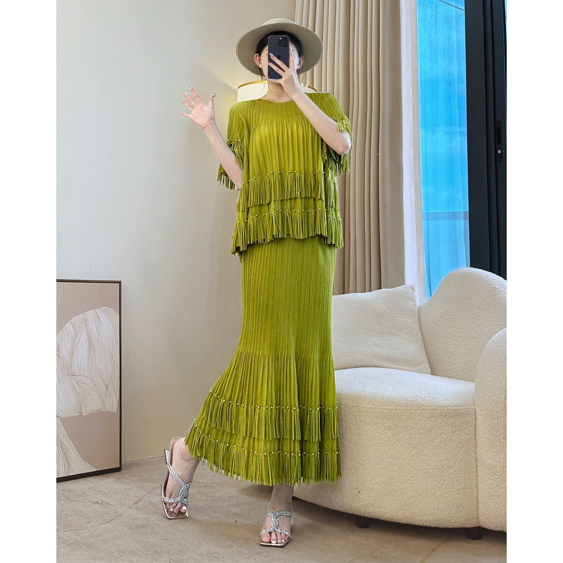 一件代发三宅短袖上衣褶皱流苏半身裙两件套女夏新款半裙时尚套装