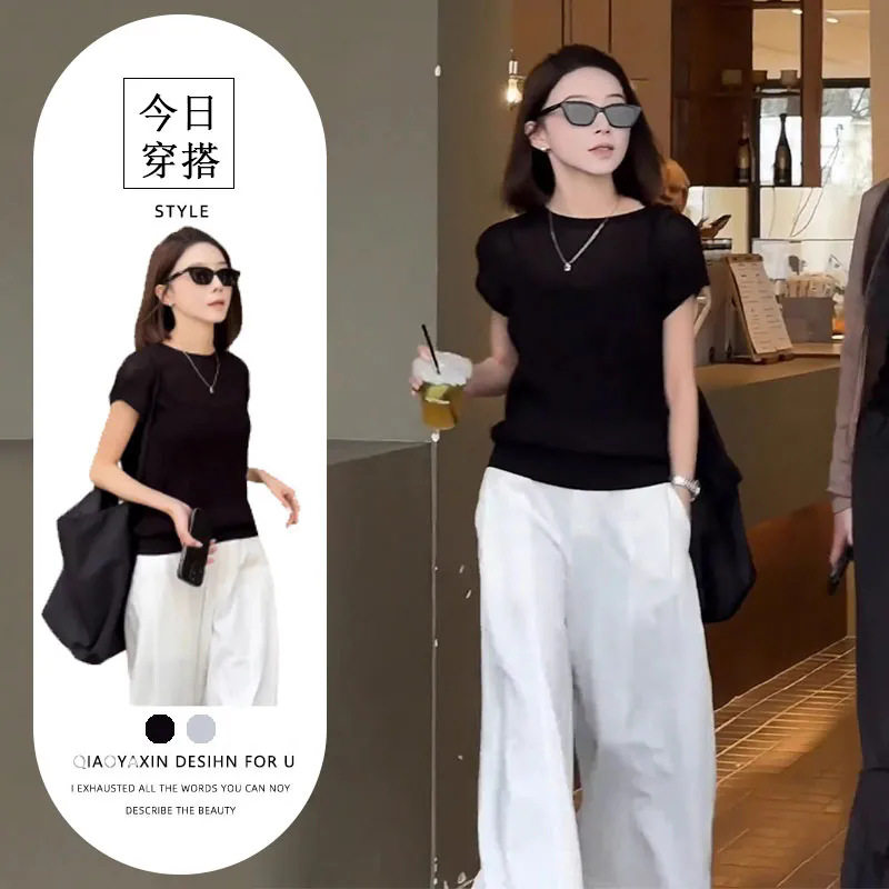 2025夏季新式站极简风显瘦时尚套装女短袖针织上衣休闲裤百搭穿搭