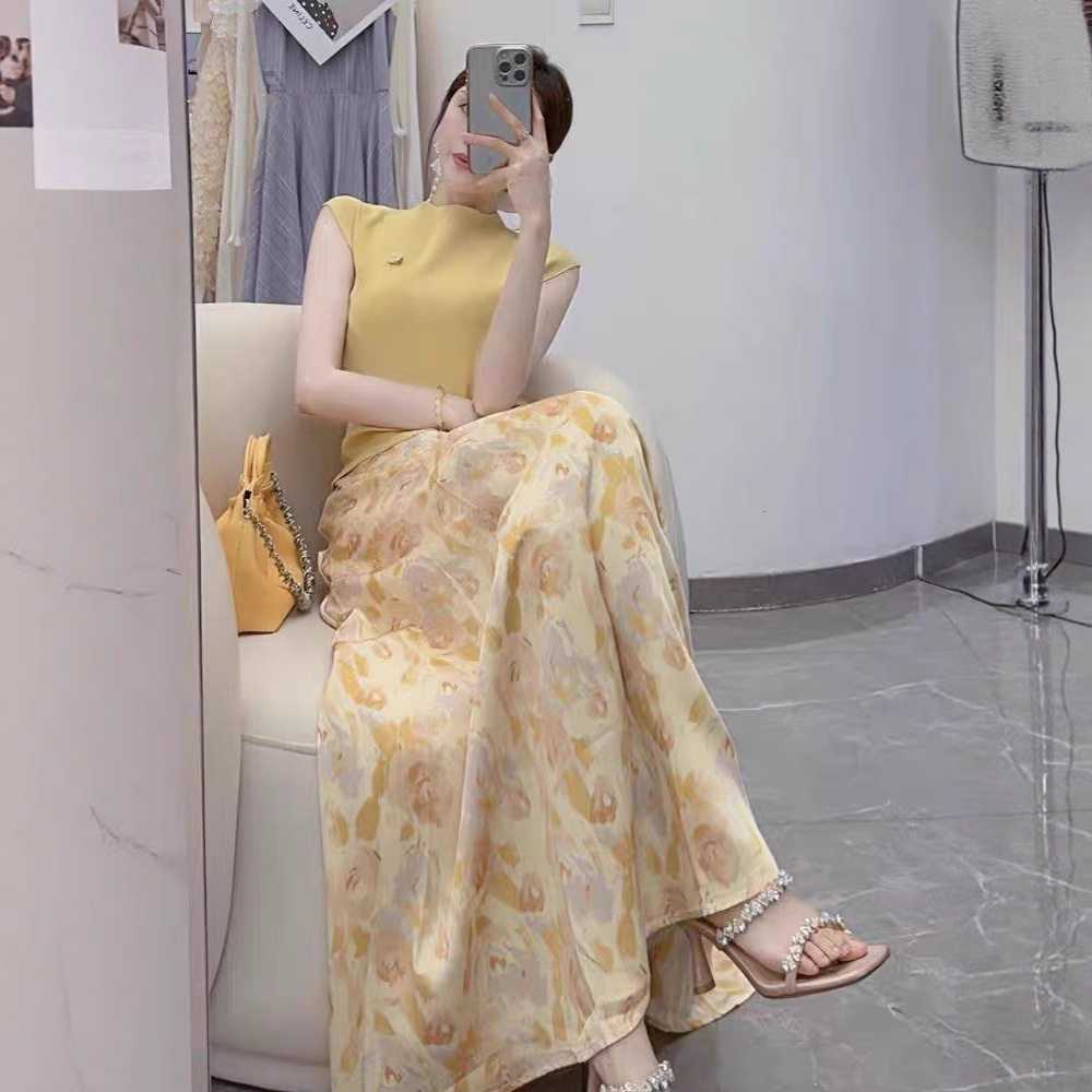 夏季套装女2026新款重要场合绝美黄色无袖掐腰上衣修身裙子两件套