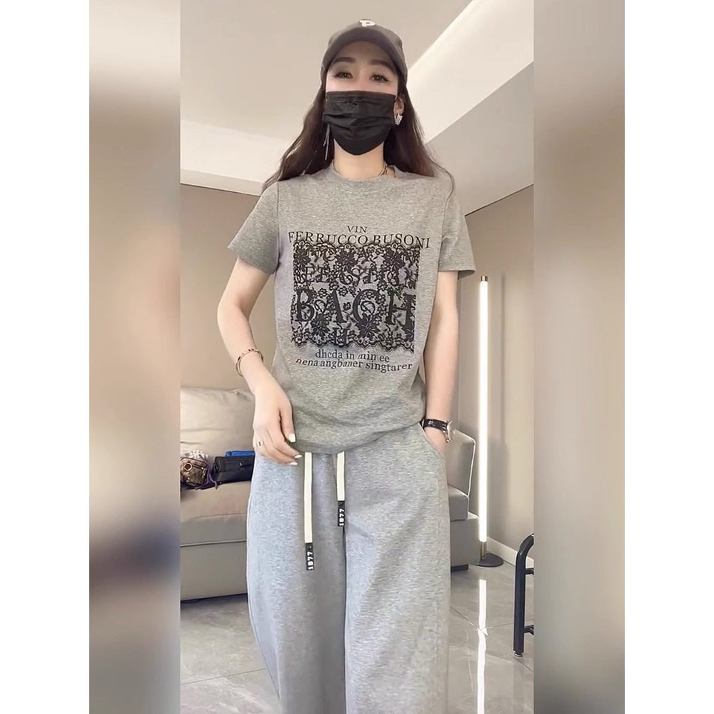 灰色休闲运动套装夏装女2025年新款洋气减龄宽松阔腿裤两件套韩版