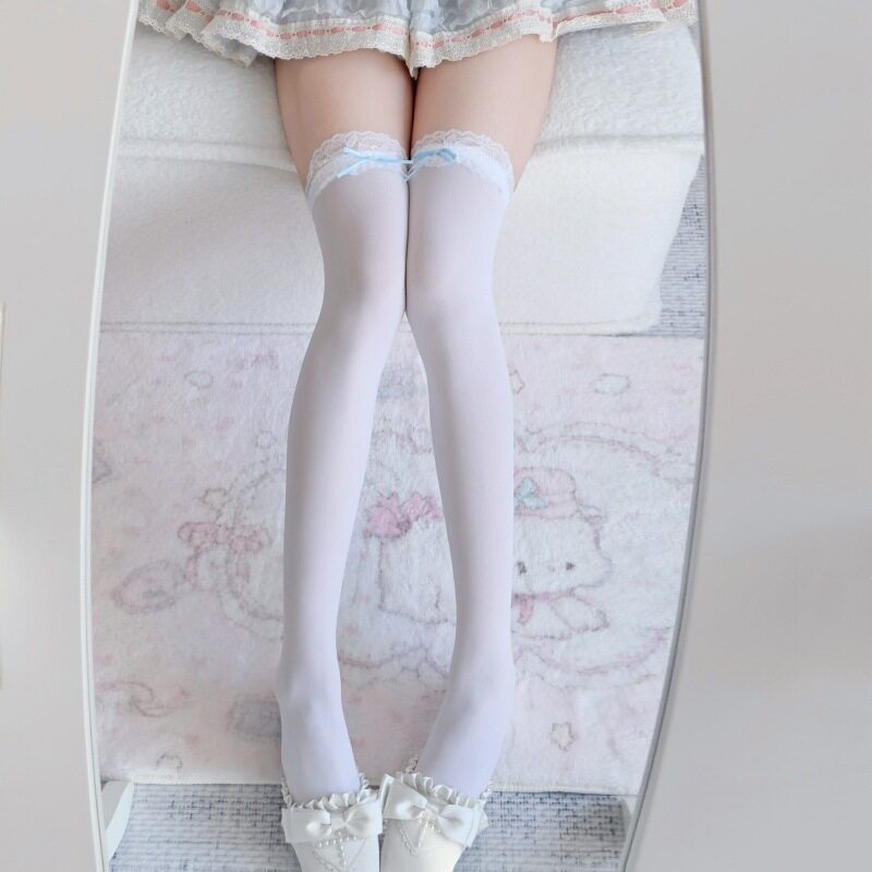 jk日系蕾丝边丝带蝴蝶结过膝袜lolita甜美少女白色少萝花边大腿袜
