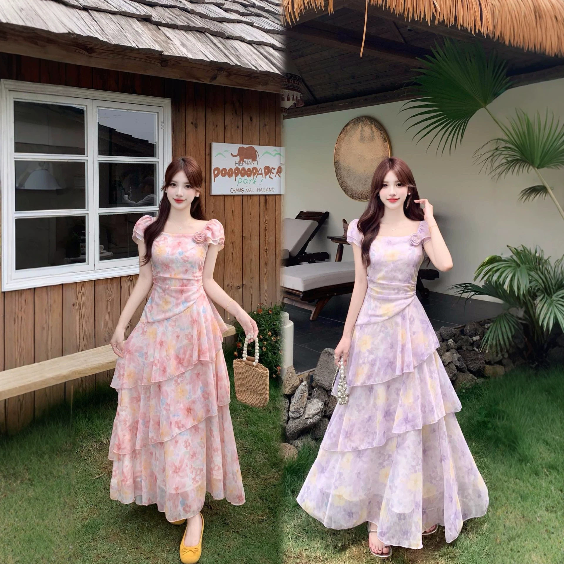 轻盈感油画绝美碎花连衣裙女大码夏季微胖法式少女感收腰度假长裙