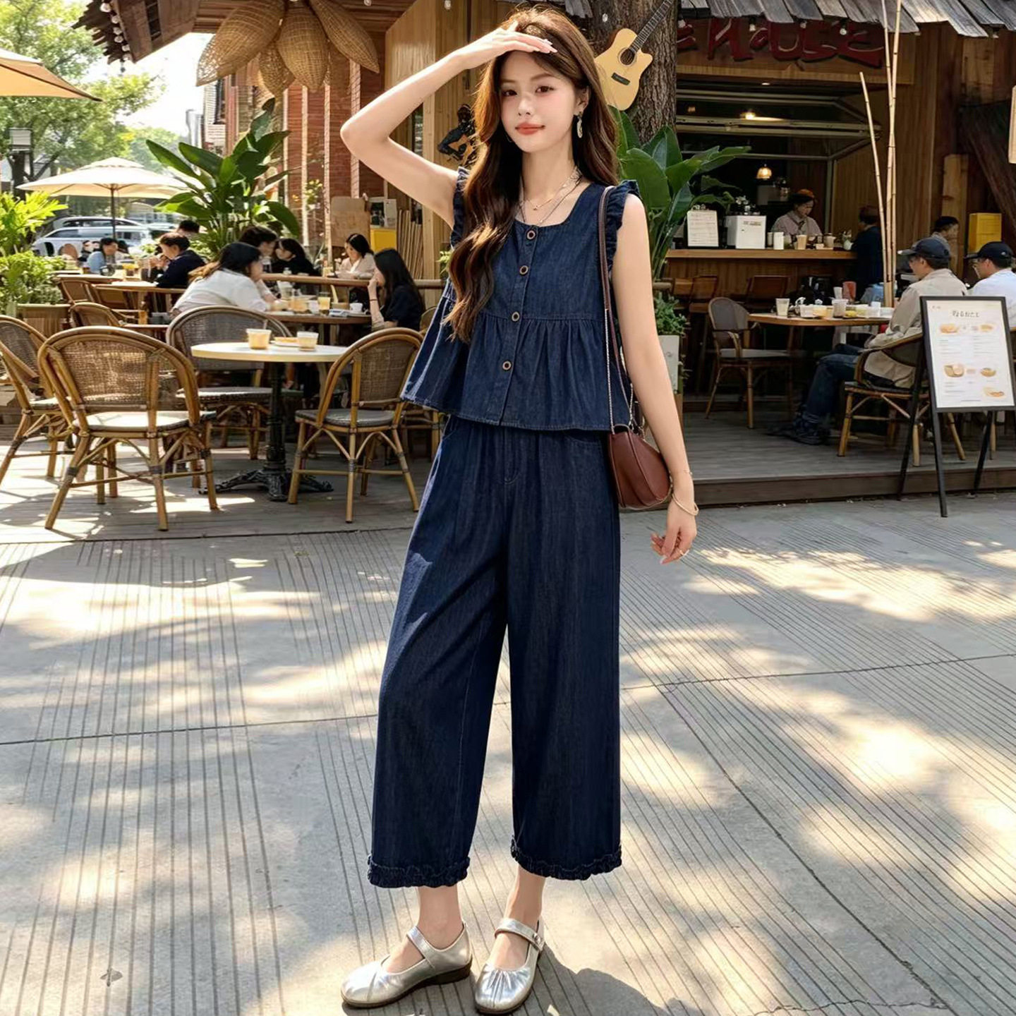 法式复古牛仔套装女2026夏季新款荷叶边马甲阔腿裤减龄显瘦两件套