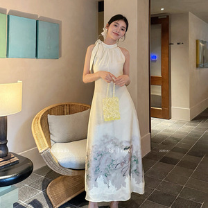 LS度假风水墨连衣裙女 夏季新款国风挂脖收腰显瘦长裙女装 22501