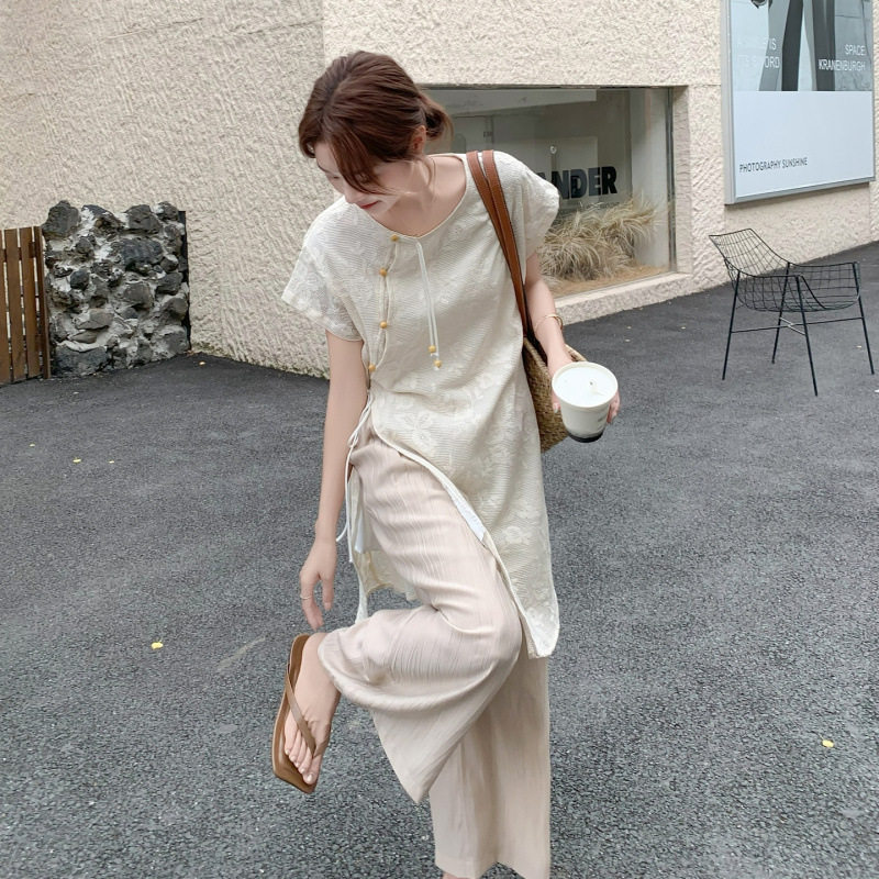 实拍米白色国风侧开叉提花上衣套装女2025夏新款气质高腰裤两件套