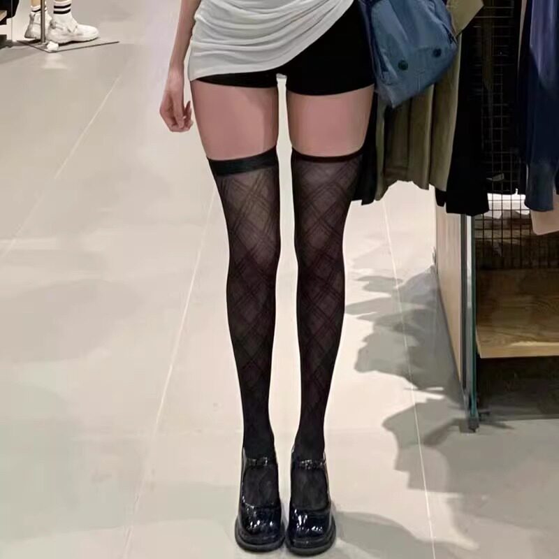 黑色高筒菱格纯欲长筒丝袜性感黑丝过膝jk袜子女款禁欲系学生辣妹