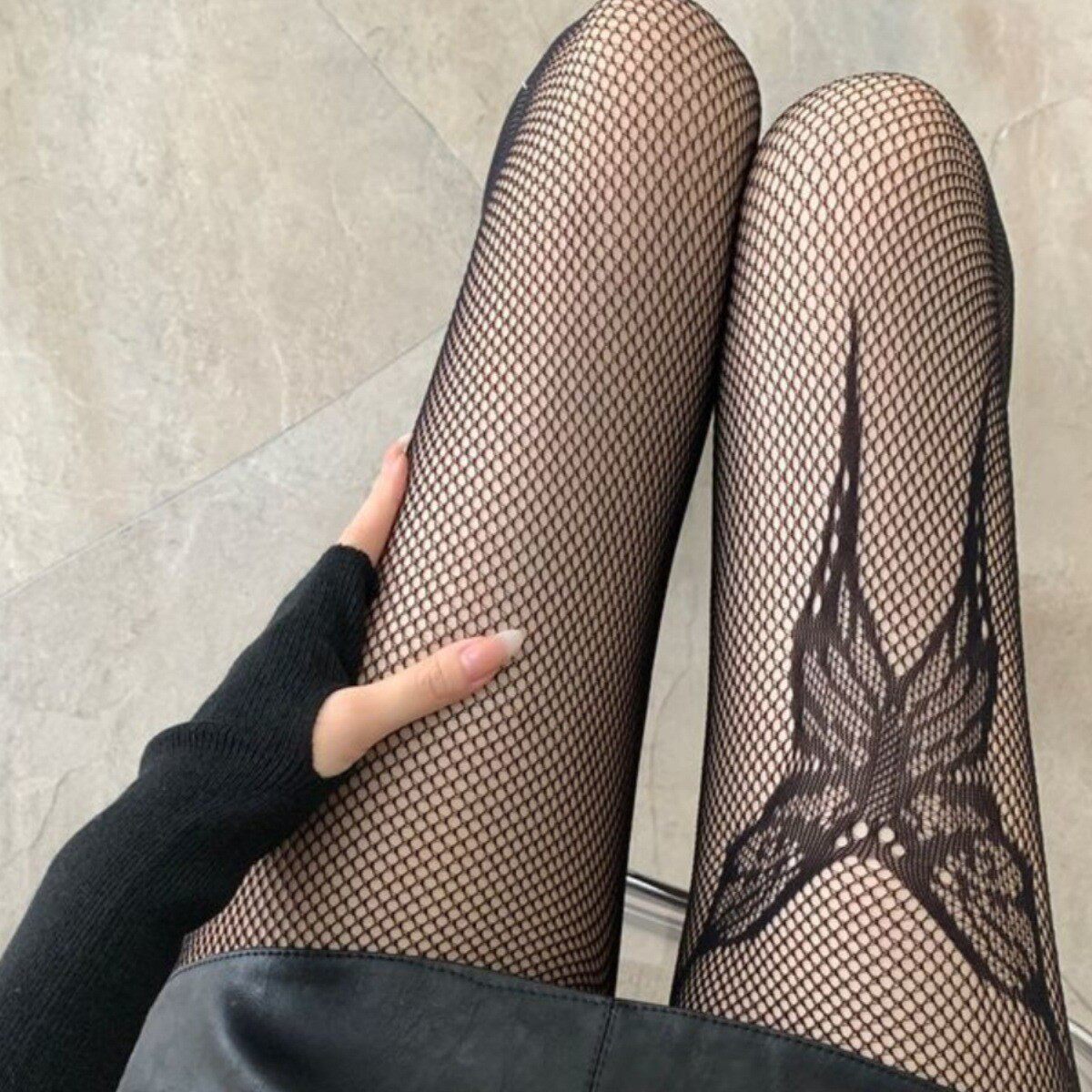 日系黑色渔网袜性感JK黑丝袜女薄款辣妹纯欲大腿蝴蝶纹身连裤袜