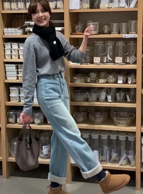 韩国东大门同款冬款窄版直筒牛仔裤高腰加厚加绒牛仔裤显瘦长裤
