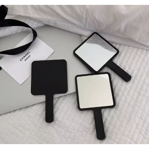 TT简约手持化妆镜学生随身便携化妆小镜子高级黑色手拿手柄镜kk