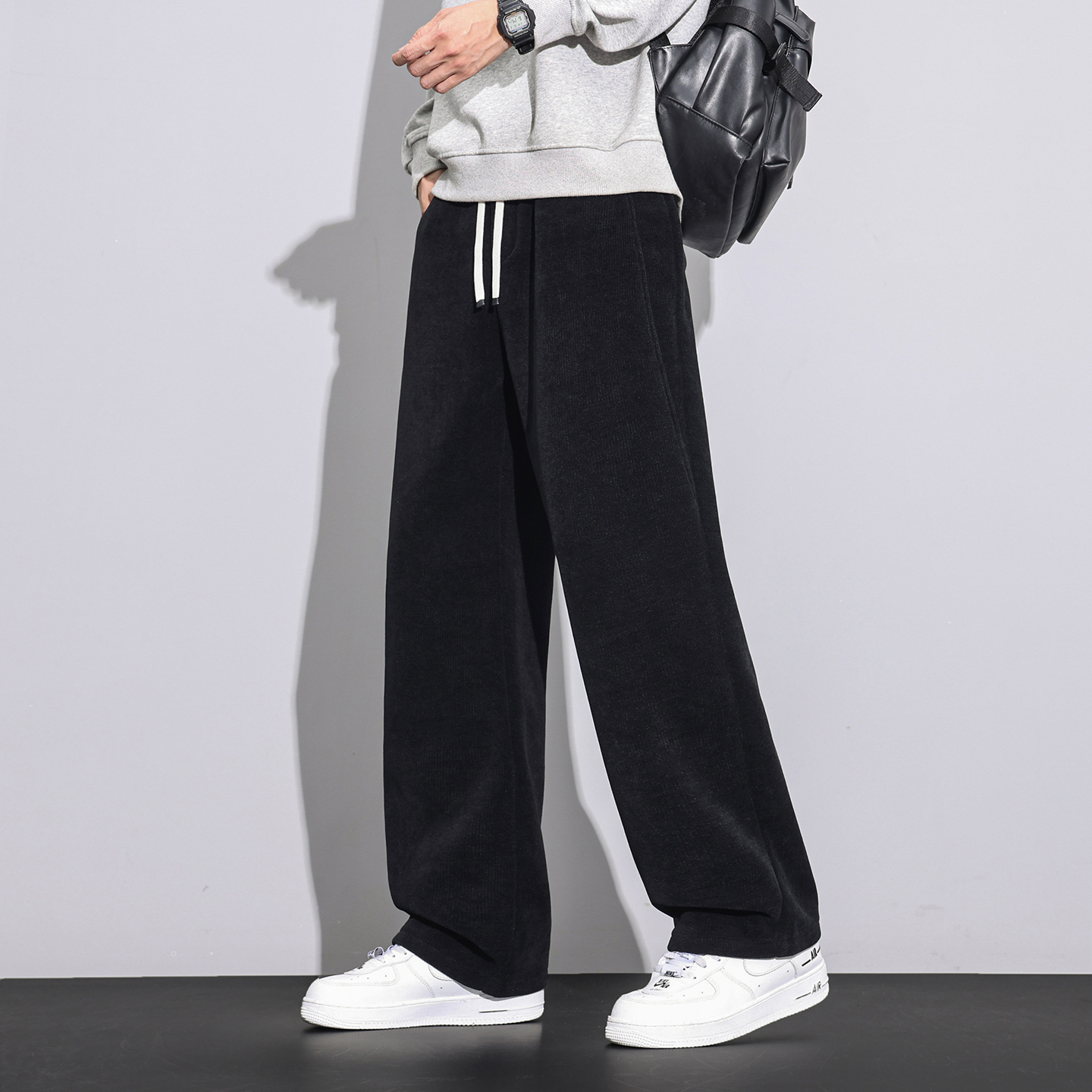 秋冬新款博澳绒休闲裤男宽松简约百搭松紧腰阔腿直筒运动裤子