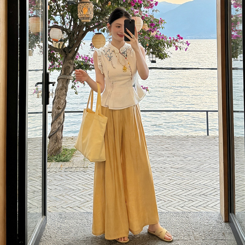 新中式国风套装女2025夏季新款盘扣上衣显瘦阔腿裤两件套气质时尚