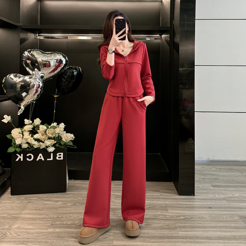 时尚连帽拉链开衫阔腿裤休闲运动套装女2025春秋高级感两件套洋气