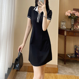高级感黑色连衣裙女2023年夏季新款简约百搭修身显瘦Polo领裙子