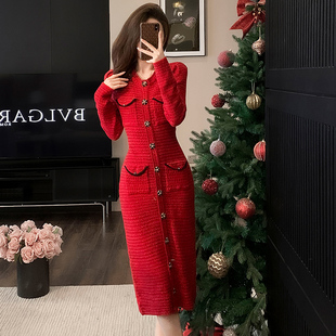 红色针织毛衣连衣裙女秋冬季修身包臀新年圣诞气质回门过年结婚裙
