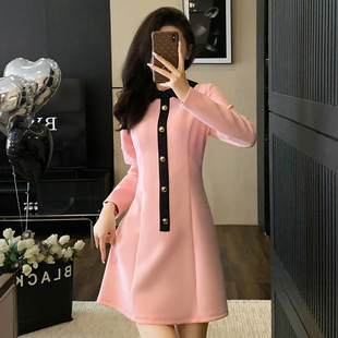 秋季2023新款女装粉色连衣裙女高级感减龄气质收腰小个子显瘦裙子