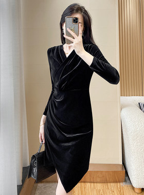 高端金丝绒礼服短款小黑裙秋冬
