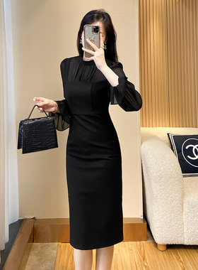 高级感法式长袖黑色气质连衣裙女春秋包臀气质中长款内搭修身裙子