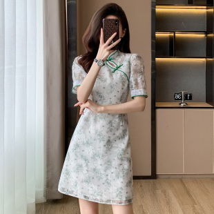 夏季新款气质显瘦小个子少女碎花复古法式修身中国风连衣裙裙子女