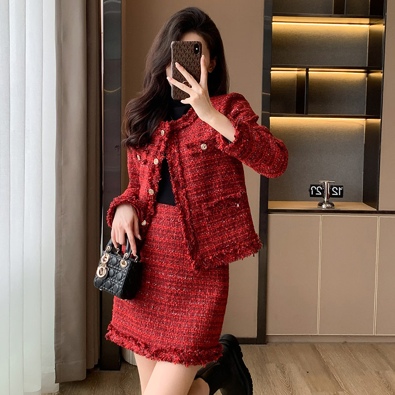 小香风红色时尚新款女装套装气质外套半身裙两件套小个子2025冬季