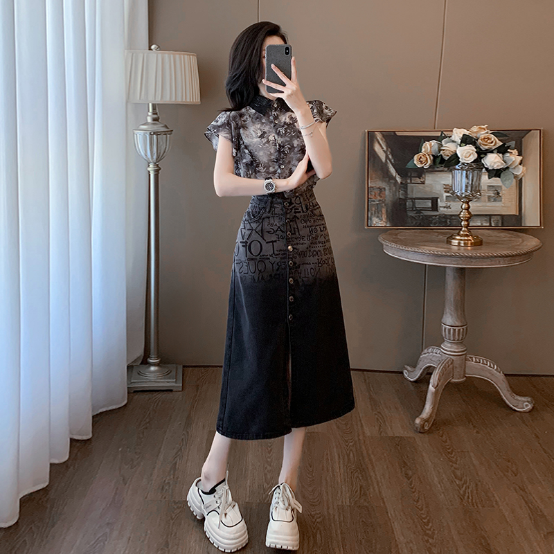 无袖雪纺衬衫牛仔半身裙显瘦女