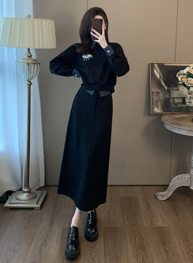 高级感黑色时尚套装裙女秋2025新款洋气显瘦卫衣半身裙气质两件套