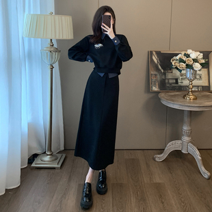 高级感黑色时尚套装裙女秋2025新款洋气显瘦卫衣半身裙气质两件套